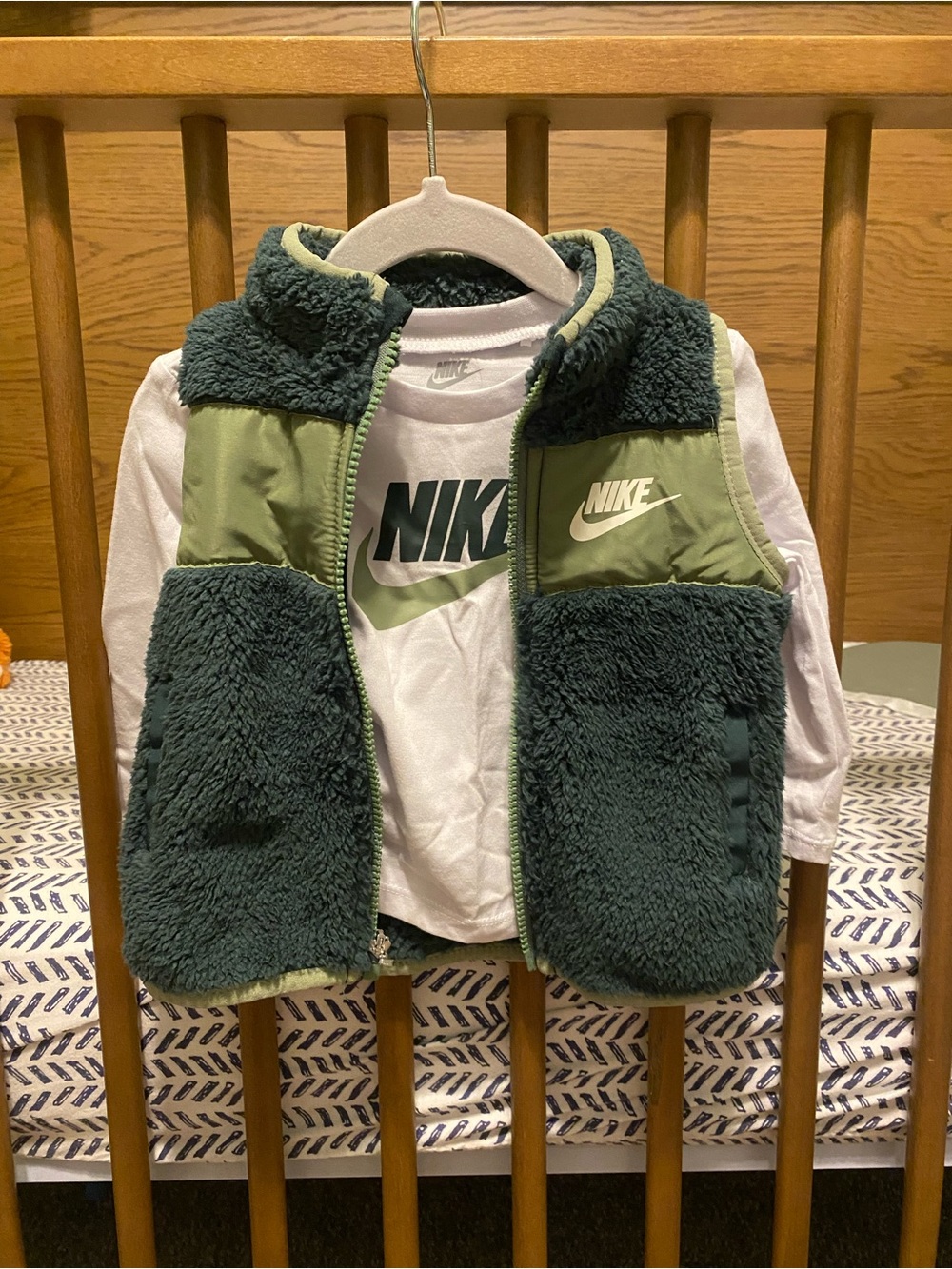 3 piece Nike Kids Dark Green and Light Olive Sherpa Vest Set